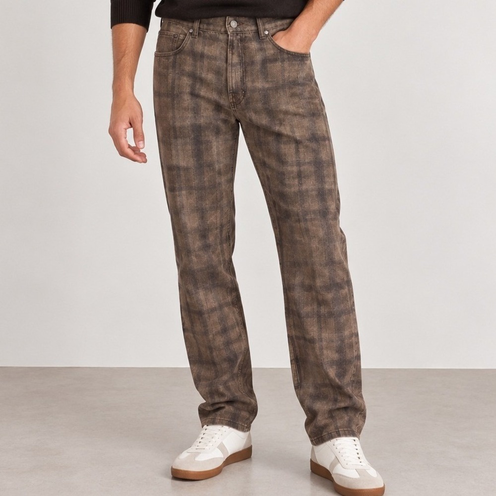 Zara Plaid Jeans Men 30 Brown Straight Leg Check Pattern Denim Pants